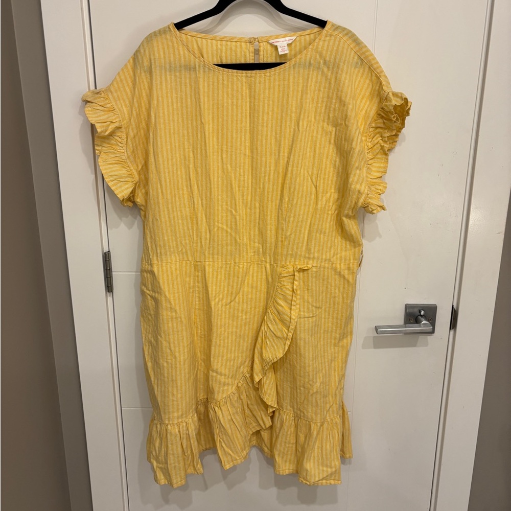 Joe Fresh x Jillian Harris Sunshine Ruffle Dress Linen Blend Yellow Striped - Picture 2 of 10